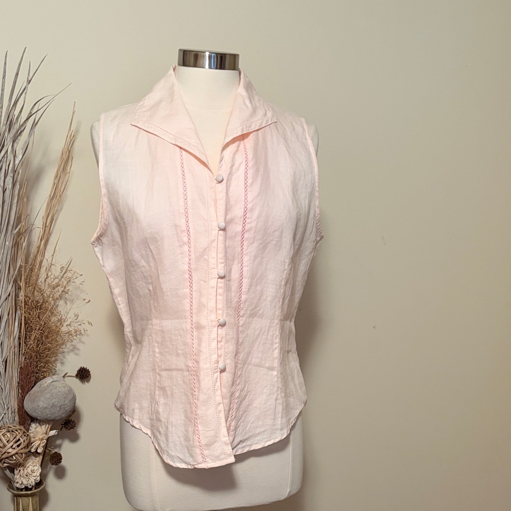 Vintage Carlie's Court 100% Linen Elegant Sleeveless Blouse in Light Pink